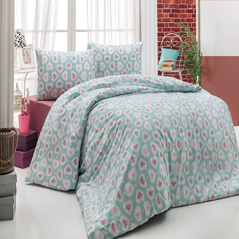 Set Lenjerie pat dublu Studio Casa Hearty Ice Blue, 100% Bumbac Ranforce, Cearceaf pat 220 x 240 cm, Cearceaf pilota 180 x 200 cm +2 fete de perna 50 x 70 cm